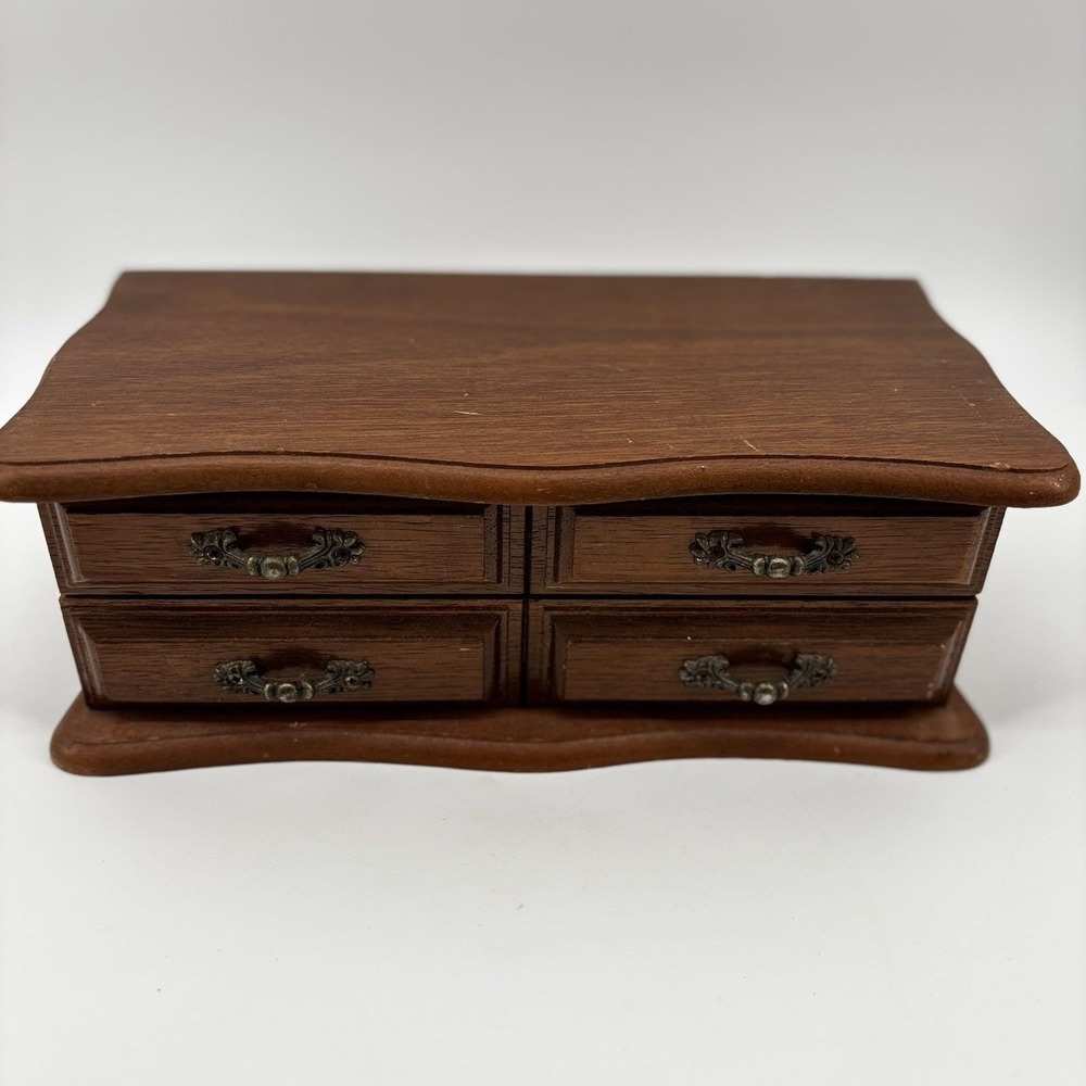 Vintage Mele Wooden Flip Top Jewelry Box Table Top Drawers Ring Holder‎ Trinket
